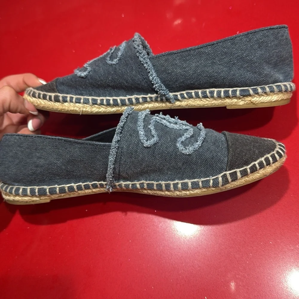 CHANEL Black Denim Espadrille Flats with CC Logo